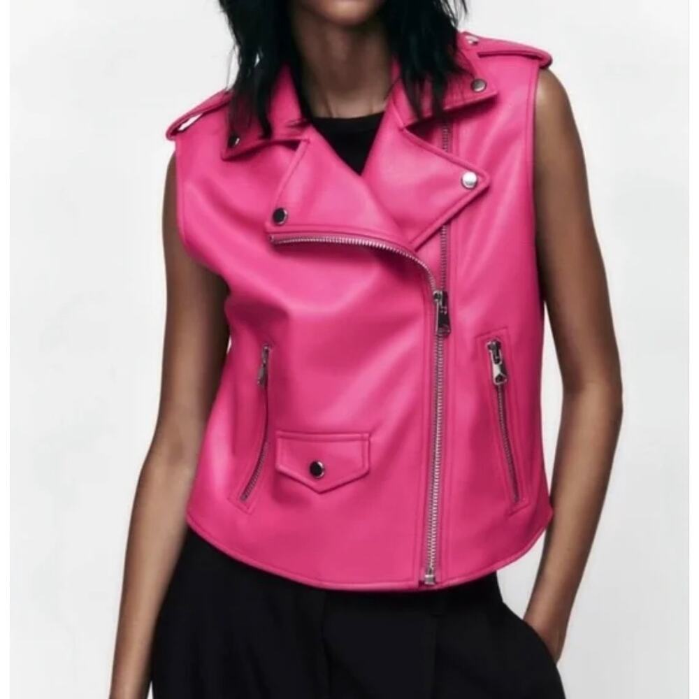 ZARA Womens Medium Barbie Pink Faux Leather Biker Vest Zip Up Silver Detail NEW
